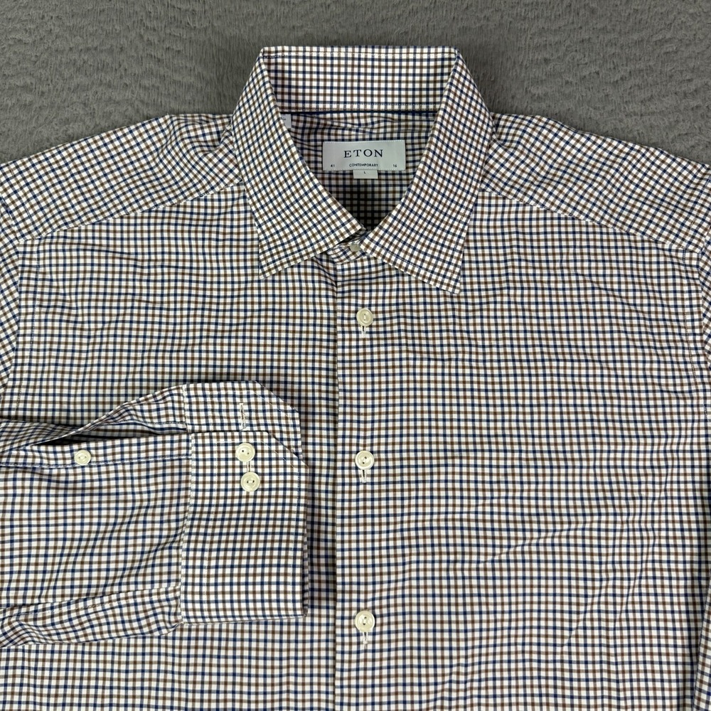 Eton Shirt Mens 16 / 41 (L) Blue Brown Gingham Plaid Check Contemporary Cotton